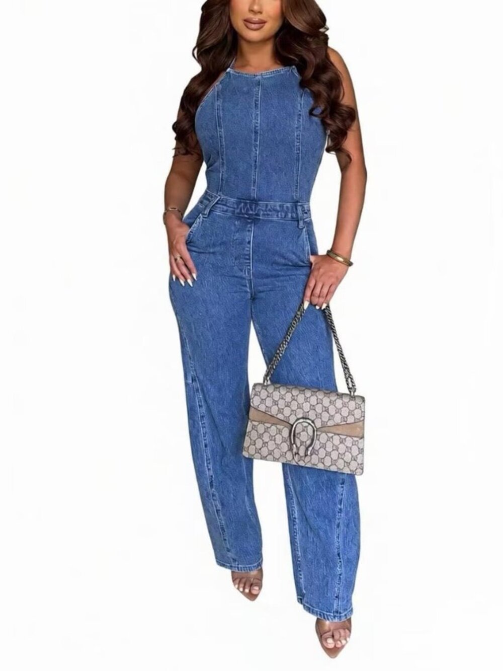 Denim jumpsuits Women's sexy, elegant, high waisted, wide leg Cowboy pants, club